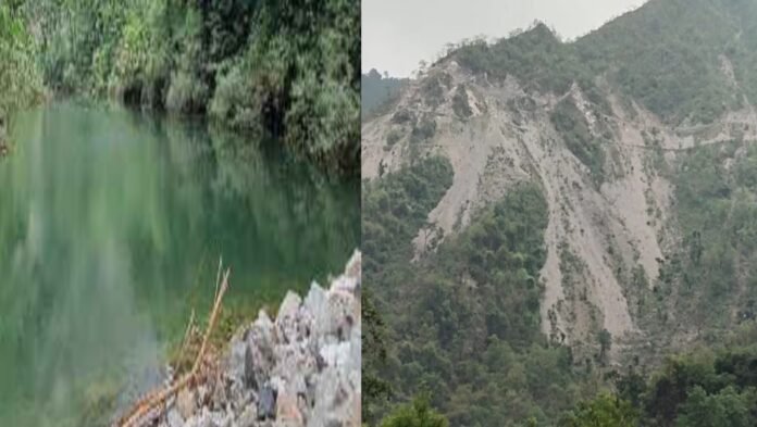 Lake formed in yamuna river by dumping road debris in uttarkashi jankichatti