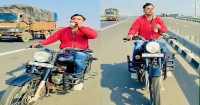 Viral video of young man driving bullet bike while drinking beer