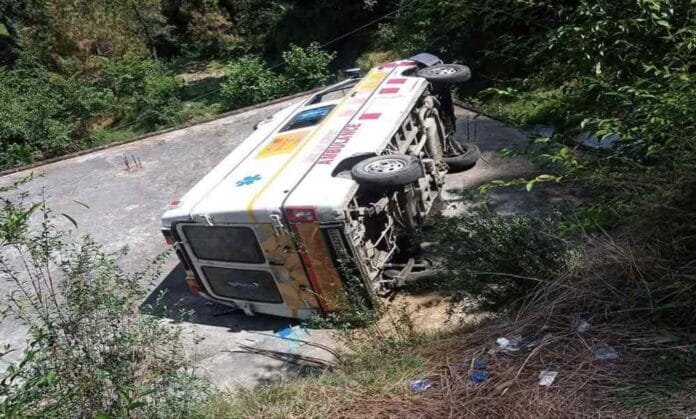 Ambulance fell on the roof in almora Ambulance fell on the roof in almora